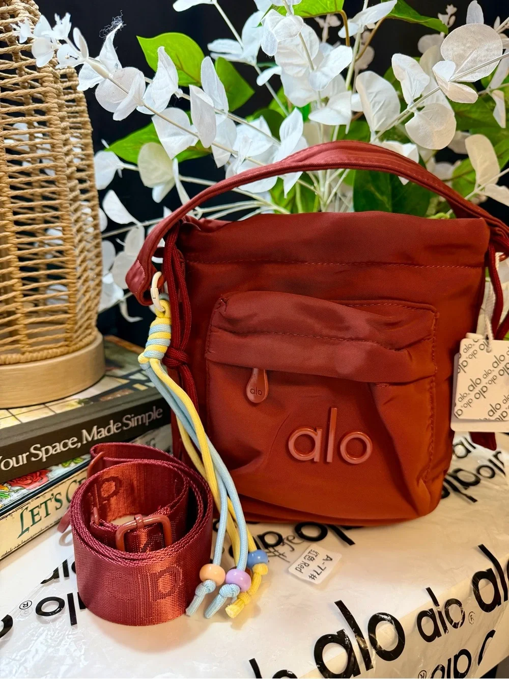 ALO Yoga Burgundy  Drawstring Mini Bucket Bag with Multicolor Cord Tassels